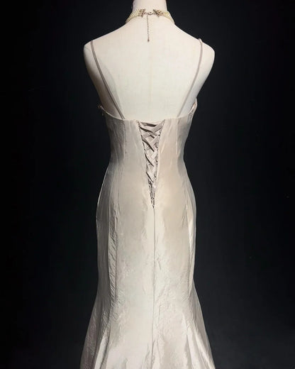 Robes de Bal Vintage Sirène Bretelles Fines Taffetas Argenté Brodé Années 90 Robe de Soirée Longue N2892