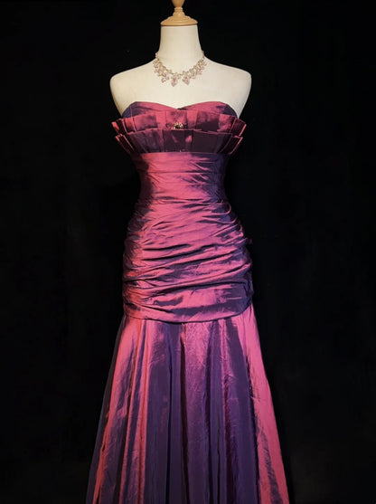 Vintage Abschlussballkleider Meerjungfrau Sweetheart Lila Satin 90er Mit Rüschen Langes Ballkleid N2513