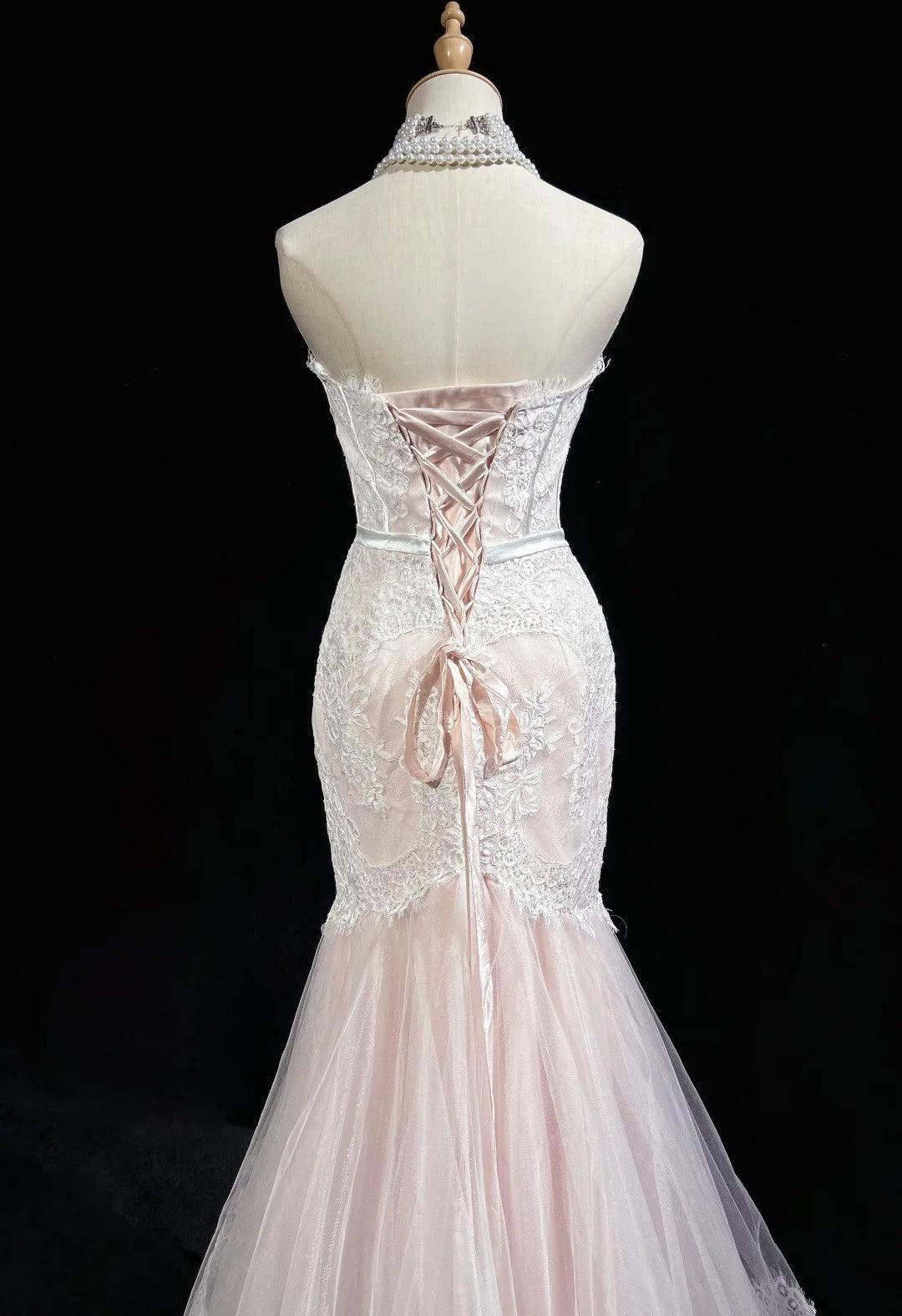 Robes de bal vintage sirène bustier rose dentelle à volants longue robe de soirée N2498