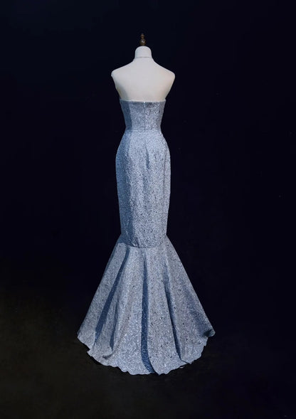 Robes de Bal Vintage Années 60 Sirène Bustier Bleu Pailleté Avec Robe de Bal Longue Volants N3097