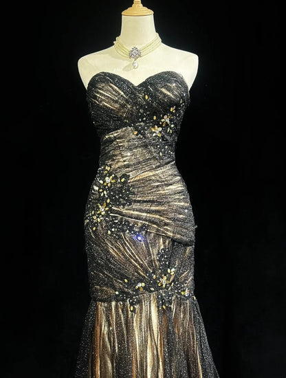 Charmantes Robes de Bal Sirène bustier en Tulle Robe de Cérémonie Noire avec Perles Tenues de Soirée Formelles Longues N3701
