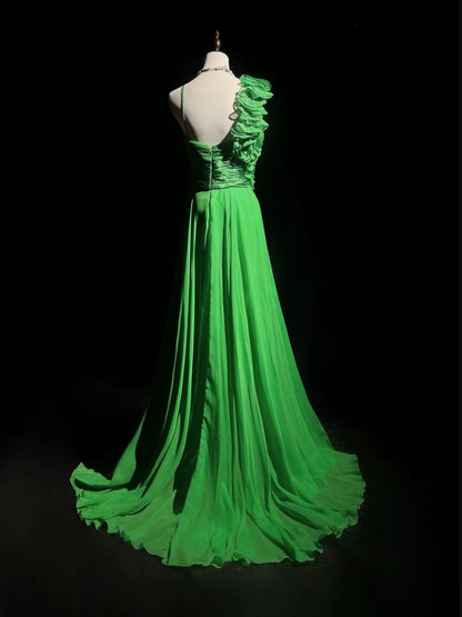 Vintage Prom Dresses 1960s A line Spaghetti Strap Green Chiffon With Flowers Sleeveless Prom Dresses Evening Formal Outfits RB5131