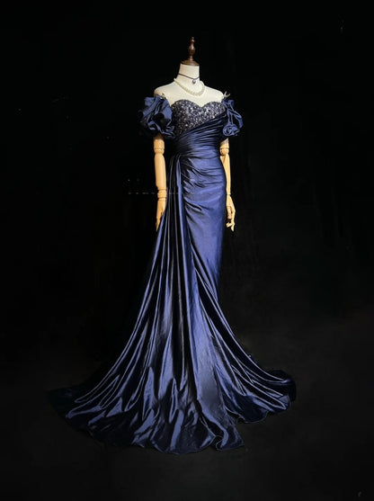 Vintage Meerjungfrauen-Abschlussballkleider mit Herzausschnitt Marineblaues Satin mit Perlenärmeln 90er-Jahre-Abendkleid N2657