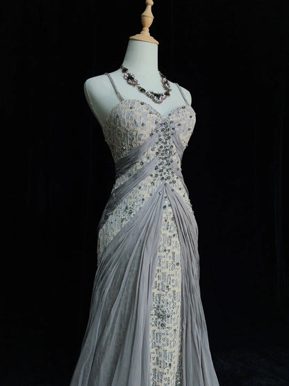 Vintage Ballkleider Inspo Meerjungfrau Spaghettiträger Grau Spitze 90er Jahre mit Spitze Pailletten Formelle Kleider N3348