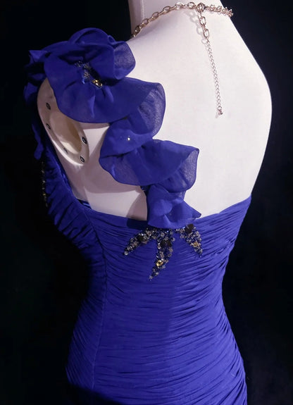 Vintage Meerjungfrauen-Abschlussballkleider One Shoulder Royalblau Chiffon mit Perlenbesatz 3D-Blumen Langes Ballkleid N2458