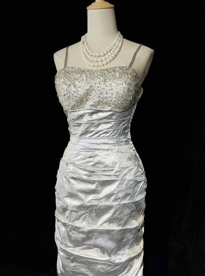 Charming Prom Dresses Mermaid Spaghetti Strap Silver Gray With Beaded Long Formal Evening Outfits N3687