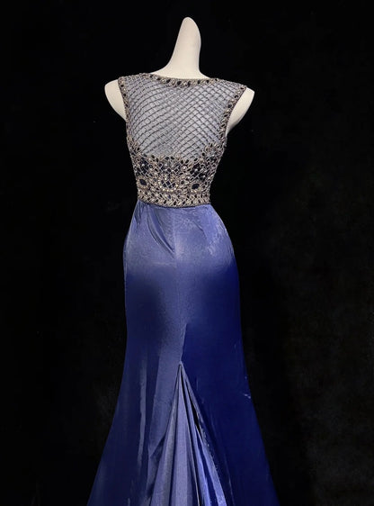 Vintage Prom Dresses 1950s Mermaid Scoop Royal Blue Satin With Split Beads Sleeveless Evening Formal Outfits RB4333