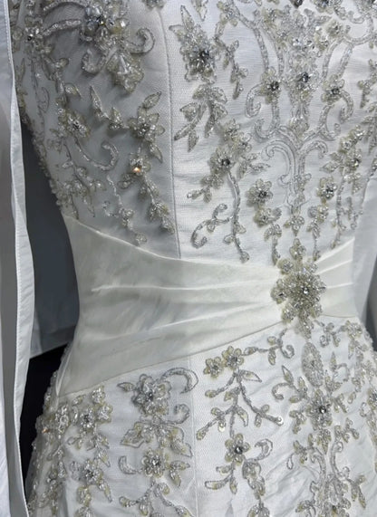 Robe de bal vintage à fines bretelles en taffetas blanc avec cape, perles, volants, robe de mariée longue RB4331