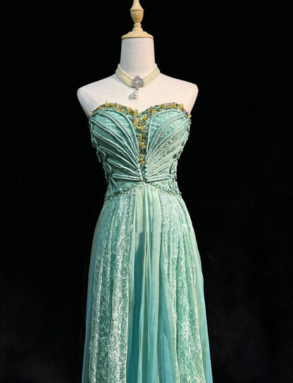 Robe de soirée rétro, robes vintage, bustier coupe A, dentelle verte mousseline perlée, tenues de cérémonie années 90 N2328
