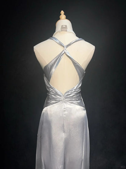 Robes de bal vintage des années 2000, coupe A, dos nu, gris argenté avec volants, longue robe de bal N3028