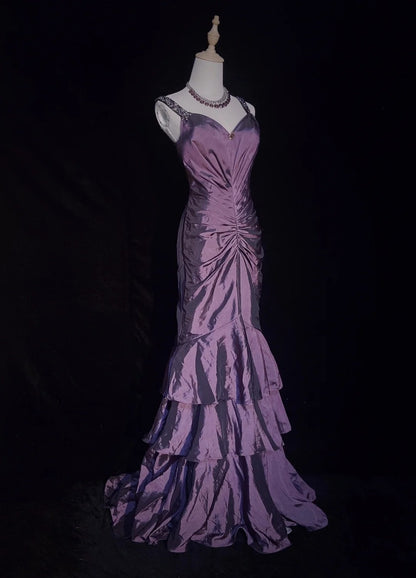 Robes de bal vintage des années 90 sirène bustier cœur en taffetas violet avec perles et volants longue robe de soirée semi-formelle N3670