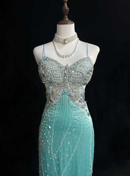 Elegante Abschlussballkleider Meerjungfrau Spaghettiträger Rückenfrei Tiffany-Blau Chiffon Mit Perlen Lang Formelle Abendgarderobe N3708