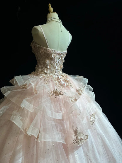 Sweet Ball Gown Spaghetti Strap Tulle With Flowers Sweet 16 Dresses Quinceanera Dress Long 15 Vestidos De Fiesta N4219