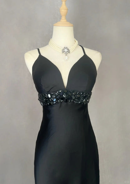 Vintage Prom Dresses 1970s Mermaid Spaghetti Strap Black Tie Dress Prom Dresses Evening Formal Outfits RB5129