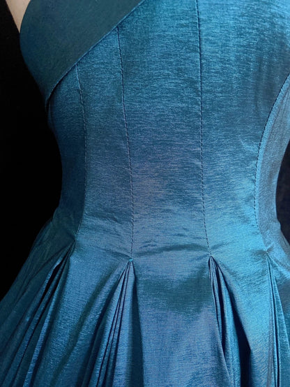 Magnifiques robes de bal de promo en satin bleu bustier avec volants longues tenues de soirée N3377