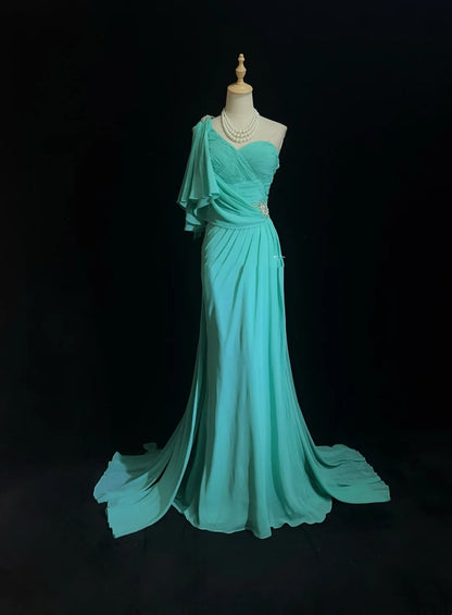 Robes de bal vintage Sirène Asymétrique Bleu Mousseline Années 80 Robe longue de soirée N2758