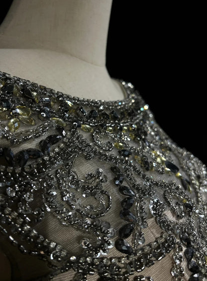 Robes de bal vintage des années 80 A-ligne col rond gris sans manches en mousseline avec perles Tenues de soirée semi-formelles N3615