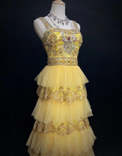 Vintage Abschlussball Ästhetik Kleider A-Linie Quadratausschnitt Gelb Gestufte Lagen mit Perlen Lang Abendkleid N3060