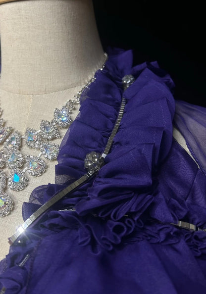 Vintage Abschlussballkleider Meerjungfrau V-Ausschnitt Lila Chiffon mit Rüschen Langem Abschlussballkleid N3110 im Stil der 1960er Jahre