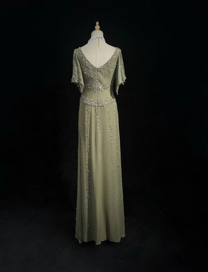 Vintage Prom Dresses A Line Cowl Neck Chiffon With Beaded 80s Evening Formal Dress RB3273