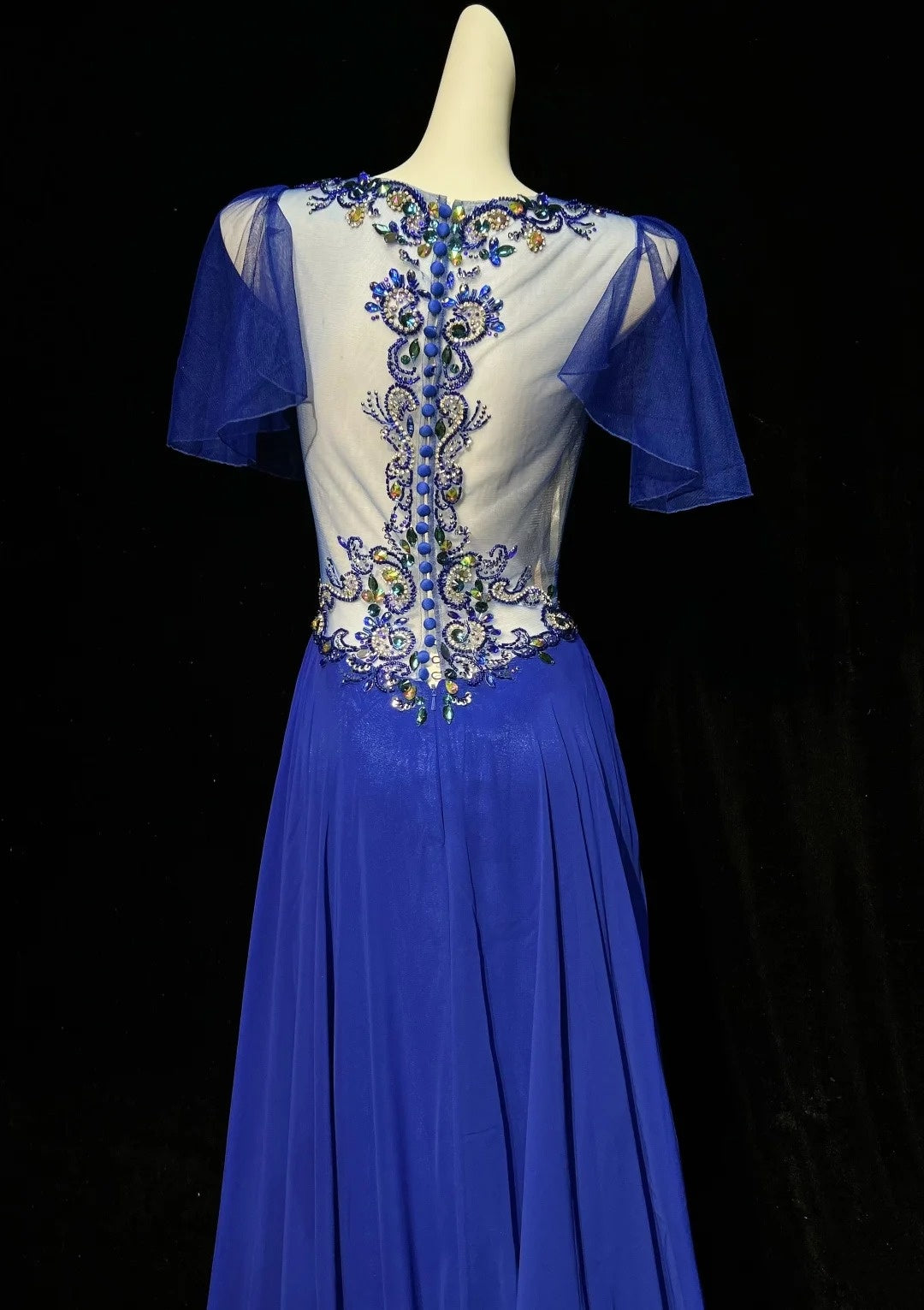 Vintage Prom Dresses 1960s A line Scoop Royal Blue Chiffon With Beaded Sleeves Evening Formal Outfits RB5138