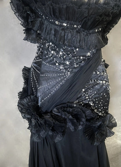 Vintage Prom Dresses Meerjungfrau Sweetheart Black Tie Kleid Chiffon mit Perlen 1980er Jahre Lange Abendkleid N2621