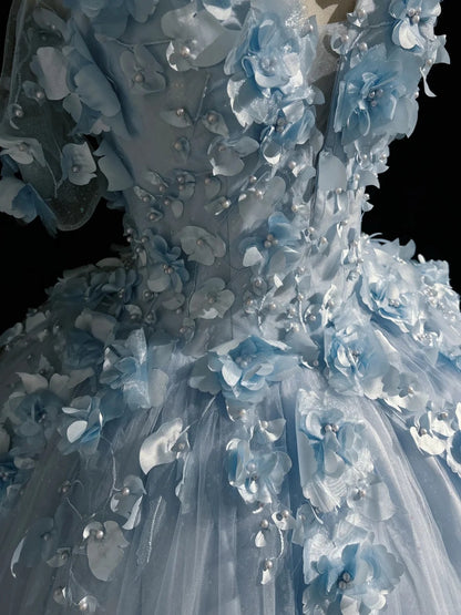 Wunderschöne Abschlussballkleider Ballkleid Off Shoulder Tüll Blau mit Applikationen Langes Abendkleid N2926
