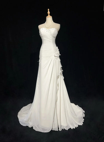 Vintage 90er Brautkleider Meerjungfrau Sweetheart Chiffon Weiß Perlenstickerei Sommergarten Langes Brautkleid N3827