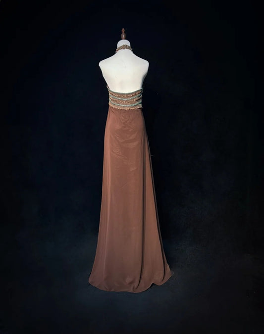 Vintage Prom Dresses A line Halter Brown Chiffon With Beading 90s Long Formal Gown N2592