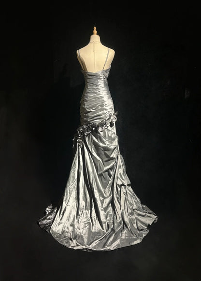 Magnifiques Robes de Bal Sirène Bretelles Fines Gris Argenté avec Fleurs Longues Tenues de Soirée Formelles N3684