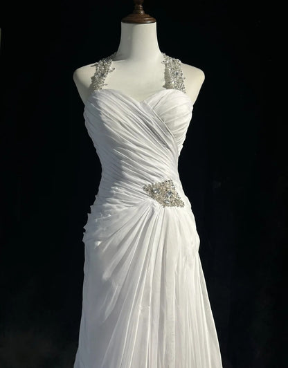 Robes de Mariée Intemporelles Sirène Dos Nu Chiffon Satin Blanc Avec Perles Longue Robe de Mariée N3474