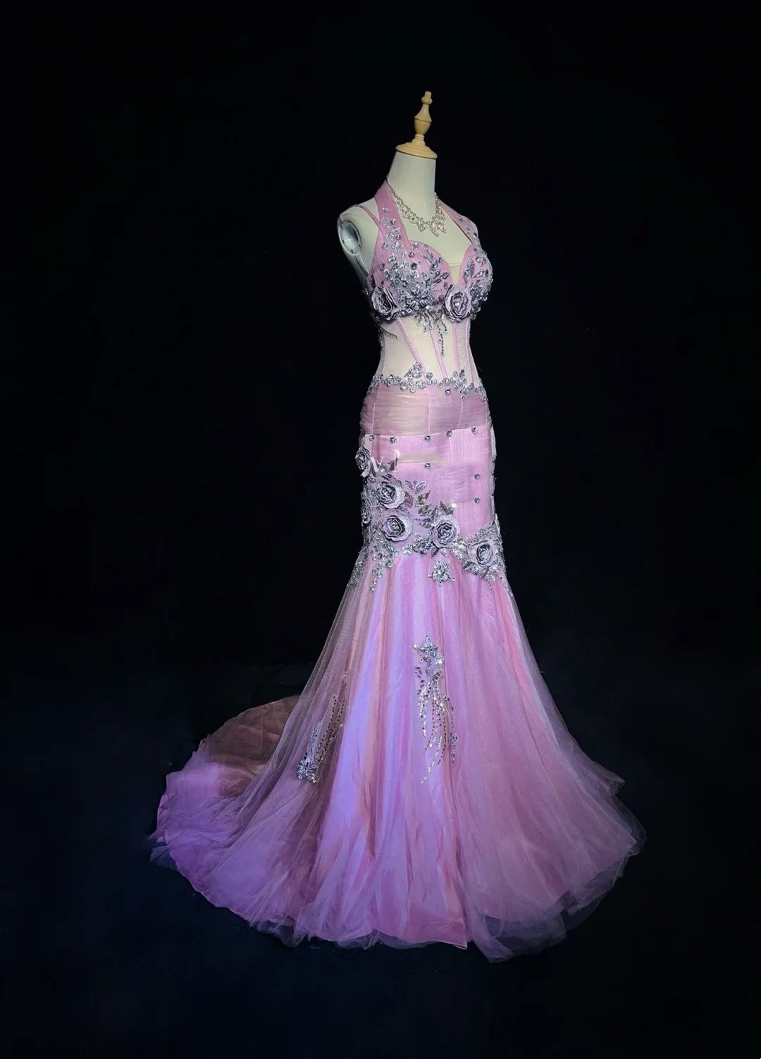 Robes de bal modestes sirène licou tulle lilas avec perles dentelle longue robe de soirée formelle N3882