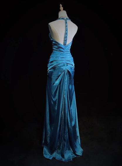 Robe de bal vintage Inspo sirène licou satin bleu longue années 90 avec des robes de soirée plissées N3356