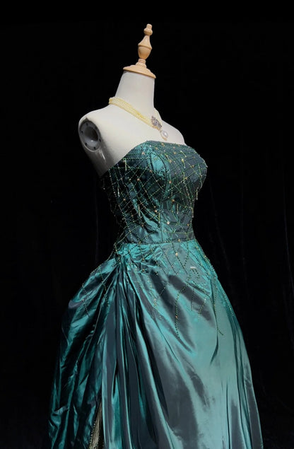 Inspiration Robes de bal vintage Robe de soirée bustier verte avec perles Robe de soirée longue années 80 N2739