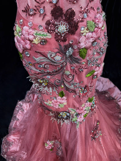 Belles robes de bal sirène à bretelles spaghetti roses avec perles et fleurs longues tenues de soirée N3318