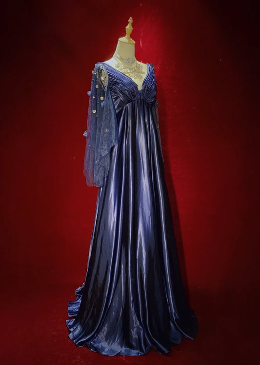 Vintage Prom Dresses Inspo A Line Empire V Neck Navy Blue Satin 90s With Sleeves Formal Gowns N3314