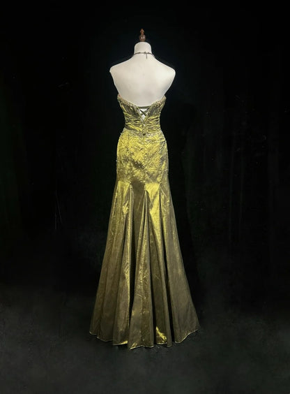 Vintage 90er Abschlussballkleider Meerjungfrau Sweetheart Olivgrün Taft mit Perlen Langes Ballkleid N3026