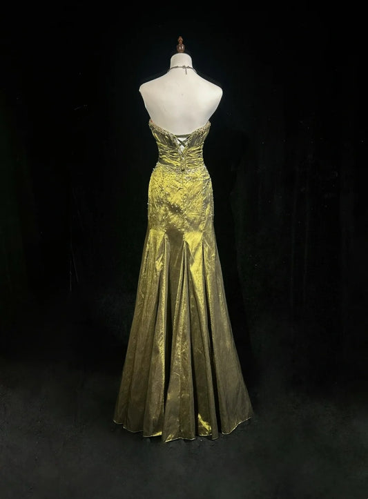 Vintage 90s Prom Dresses Mermaid Sweetheart Olive Green Taffeta With Beads Long Prom Gown N3026