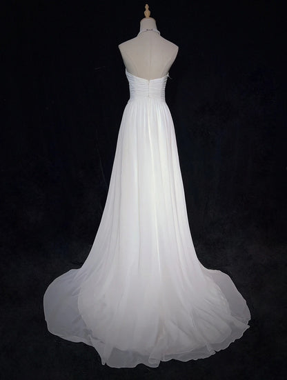 Einzigartige Hochzeitskleider A-Linie Sweetheart Weiß mit Rüschen und Perlen Lange Brautkleid N3644