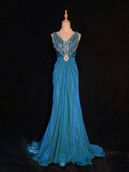 Robes de bal modestes sirène col en V bleu mousseline corsage dos nu robes de soirée formelles longueur ras du sol N3483