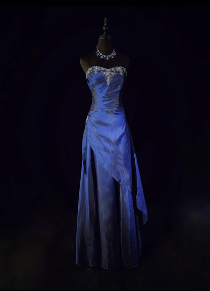 Robes de Bal Vintage, Coupe A-ligne, Col Cœur, Taffetas Bleu Marine, Cape Perlé Années 90, Longue Robe de Soirée N2904