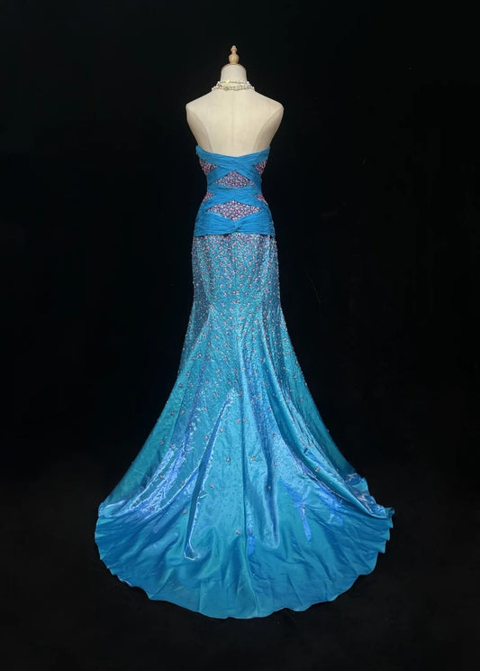 Belles Robes de Bal Sirène Bustier Bleu avec Perles Longue Robe de Soirée N2928