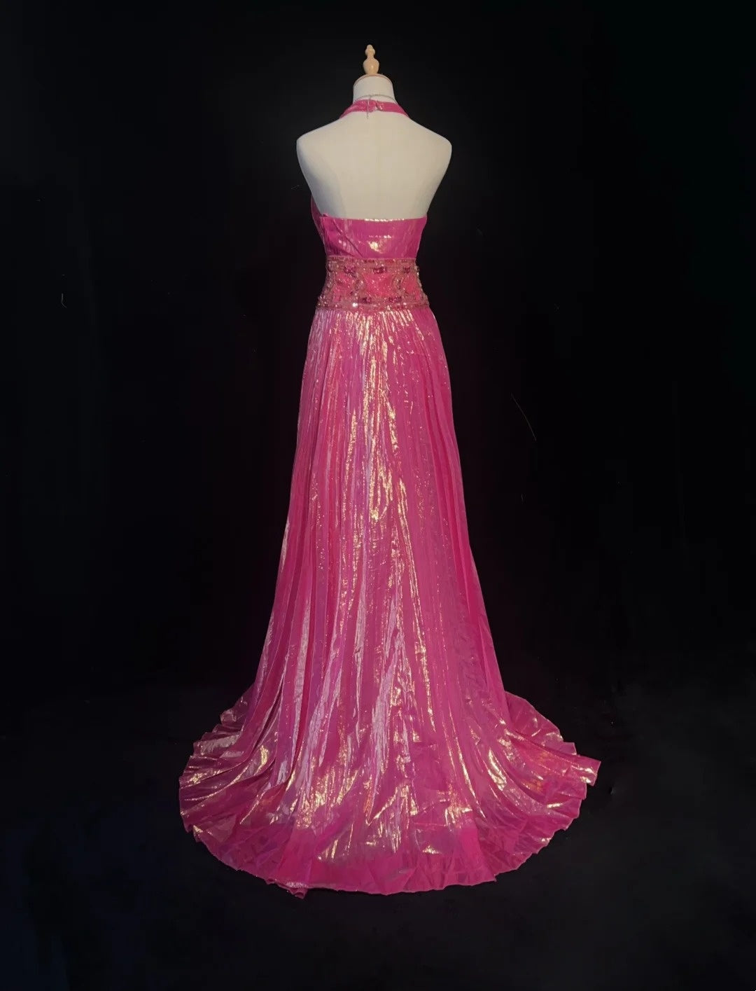 Robes de bal vintage des années 90, ligne A, licou, rose vif avec perles et cristaux, longue robe de bal N3062