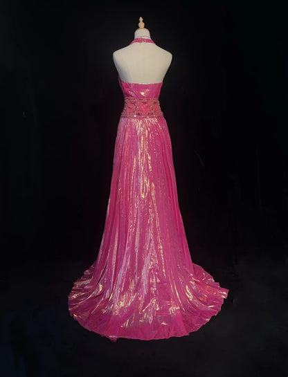 Robes de bal vintage des années 90, ligne A, licou, rose vif avec perles et cristaux, longue robe de bal N3062