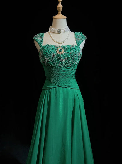 Robes Esthétiques de Bal Vintage Ligne A sans Bretelles en Mousseline Verte avec Perles Longue Robe de Soirée N3027