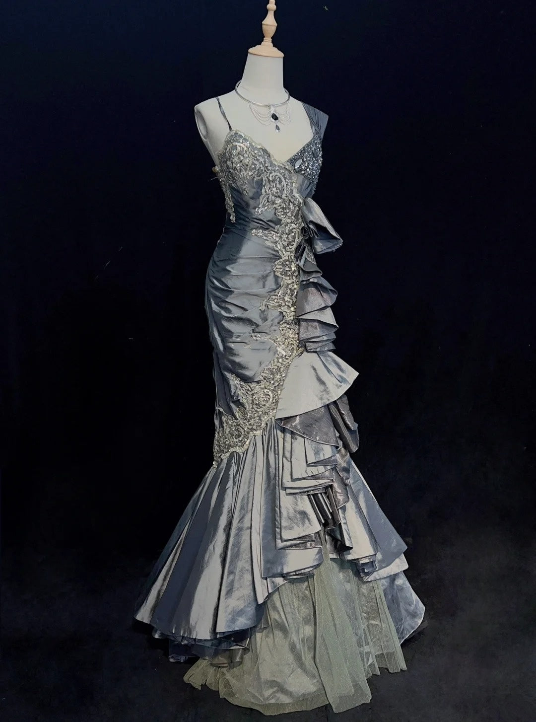 Robes de bal vintage sirène à bretelles en satin gris et dentelle avec volants, longues tenues de soirée N3442