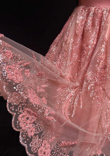 Hübsches Ballkleid Spaghettiträger Rosa Pailletten mit 3D Blumen Tüll Kurze Mini-Heimkehrkleider N2527
