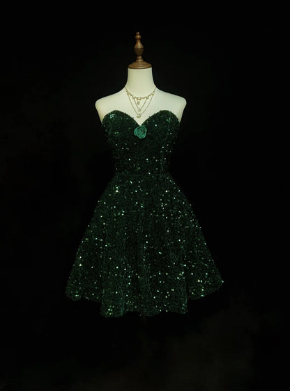 Robe de bal vintage en cœur vert foncé à sequins Y2K Années 2000 Mini robes de retour à la maison N3108