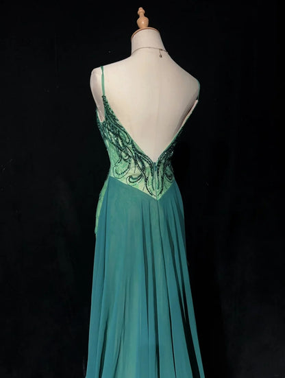 Robes de bal vintage sirène à fines bretelles vertes perlées années 90 longue robe de soirée formelle N2649