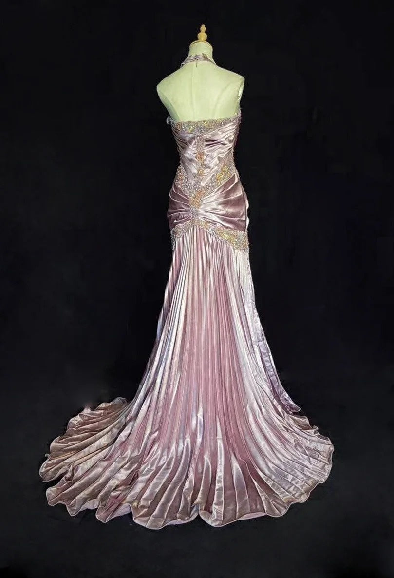 Robes de bal vintage des années 80 sirène dos nu satin rose avec volants longues tenues de soirée N3452